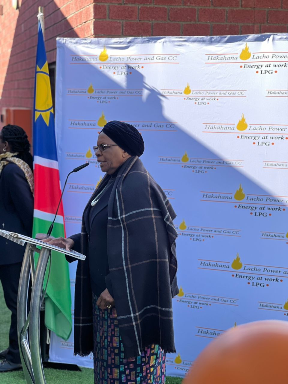 Guest speaker at podium with Namibian flag at the opening
